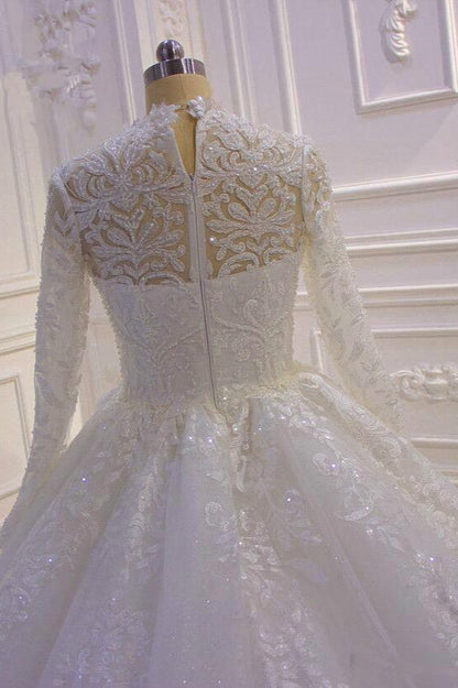 High-Neck Long Sleeve Ball Gown with Ruffles, Appliques, and Lace