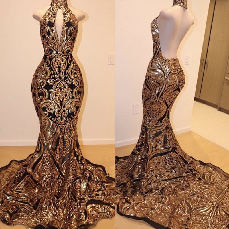 Halter Mermaid Prom Dress with Gold Appliques