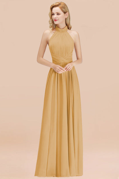 High Neck Pleated Chiffon Dusty Pink Bridesmaid Dress