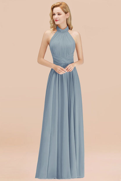High Neck Pleated Chiffon Dusty Pink Bridesmaid Dress