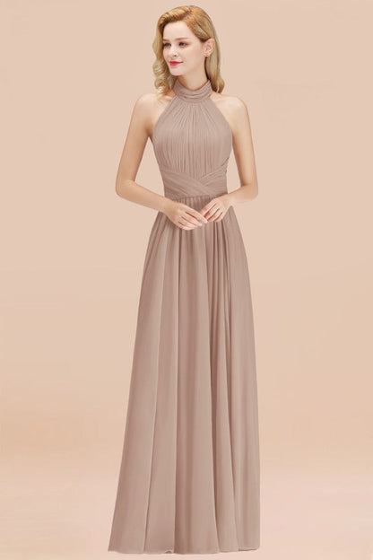 High Neck Pleated Chiffon Dusty Pink Bridesmaid Dress