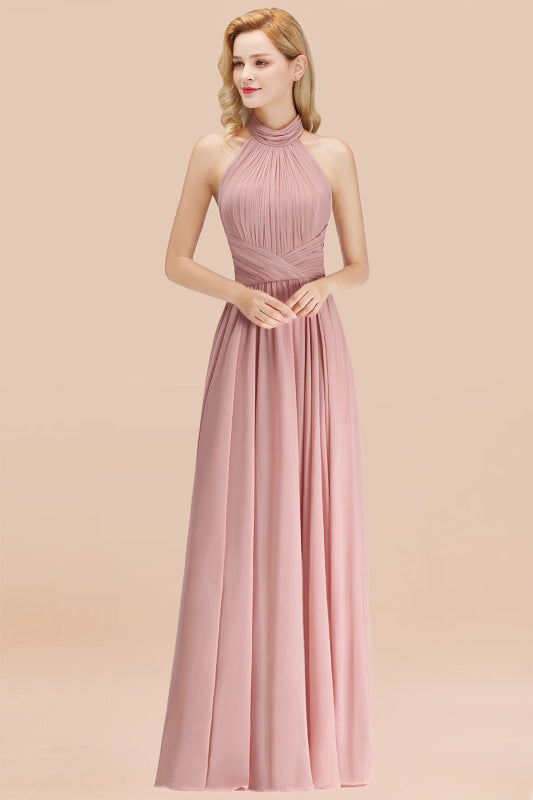 High Neck Pleated Chiffon Dusty Pink Bridesmaid Dress