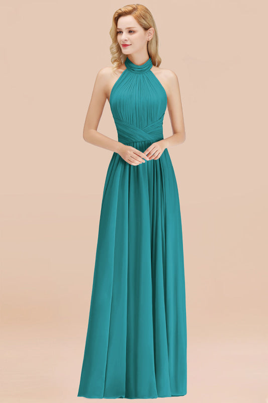 High Neck Pleated Chiffon Dusty Pink Bridesmaid Dress
