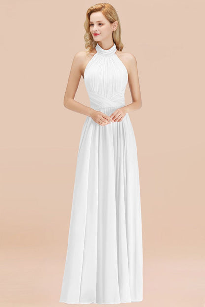 High Neck Pleated Chiffon Dusty Pink Bridesmaid Dress