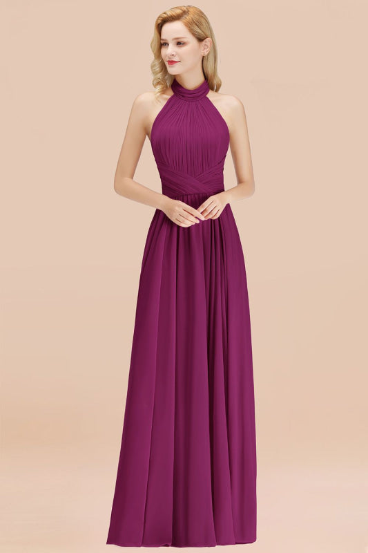High Neck Pleated Chiffon Dusty Pink Bridesmaid Dress