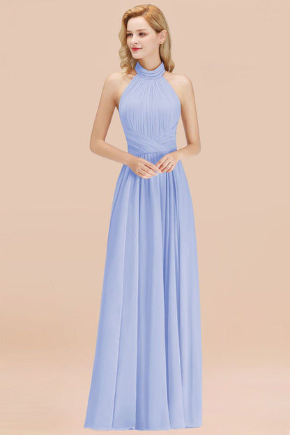 High Neck Pleated Chiffon Dusty Pink Bridesmaid Dress