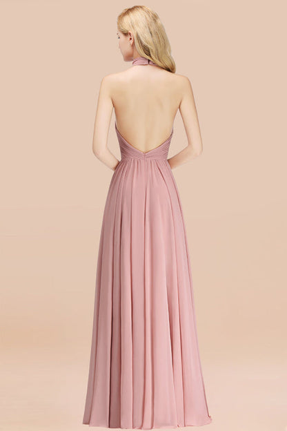 High Neck Pleated Chiffon Dusty Pink Bridesmaid Dress