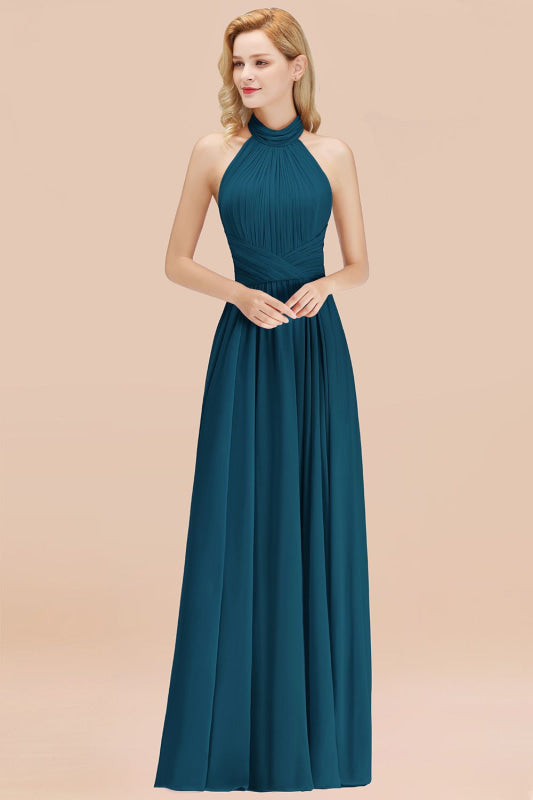 High Neck Pleated Chiffon Dusty Pink Bridesmaid Dress