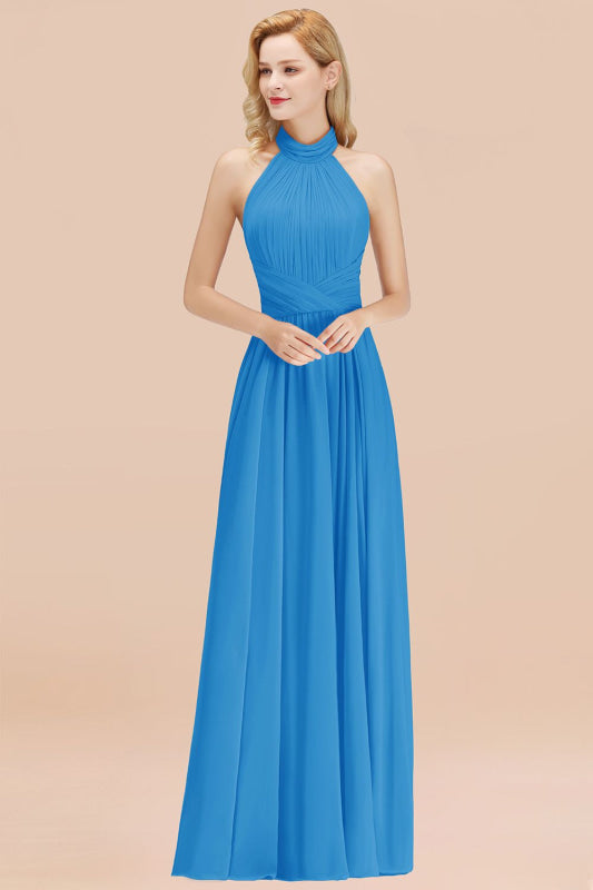 High Neck Pleated Chiffon Dusty Pink Bridesmaid Dress