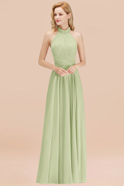 High Neck Pleated Chiffon Dusty Pink Bridesmaid Dress