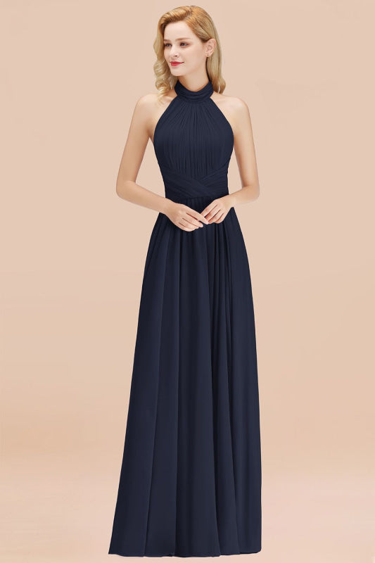 High Neck Pleated Chiffon Dusty Pink Bridesmaid Dress