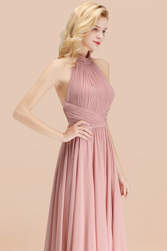 High Neck Pleated Chiffon Dusty Pink Bridesmaid Dress