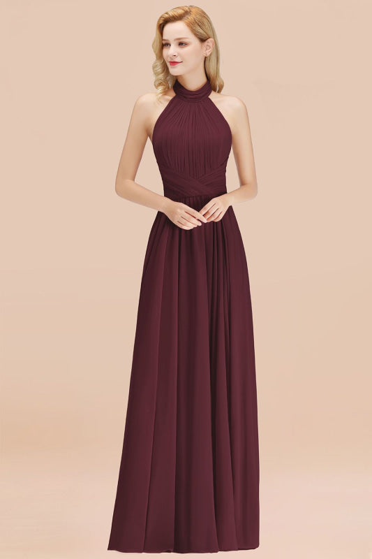 High Neck Pleated Chiffon Dusty Pink Bridesmaid Dress