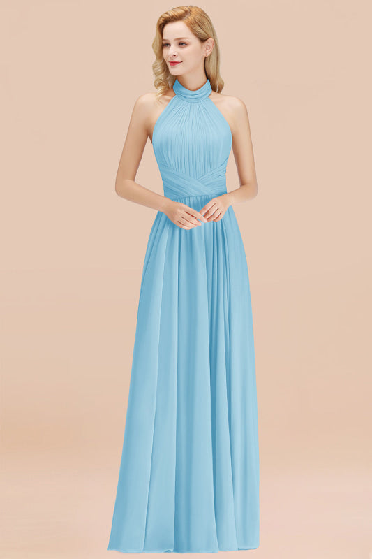 High Neck Pleated Chiffon Dusty Pink Bridesmaid Dress