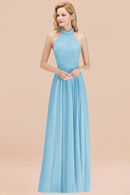 High Neck Pleated Chiffon Dusty Pink Bridesmaid Dress