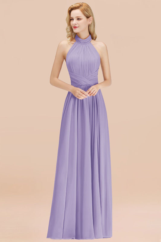 High Neck Pleated Chiffon Dusty Pink Bridesmaid Dress