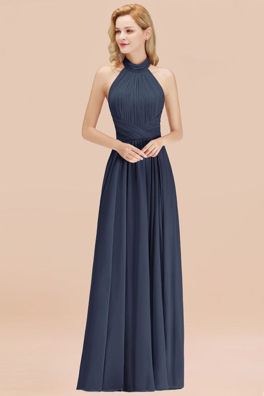 High Neck Pleated Chiffon Dusty Pink Bridesmaid Dress