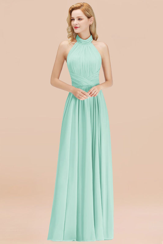 High Neck Pleated Chiffon Dusty Pink Bridesmaid Dress