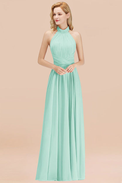 High Neck Pleated Chiffon Dusty Pink Bridesmaid Dress