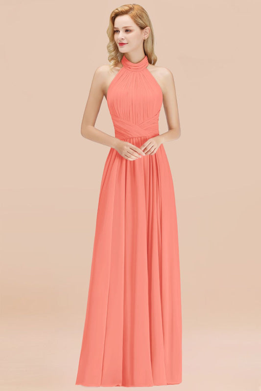 High Neck Pleated Chiffon Dusty Pink Bridesmaid Dress