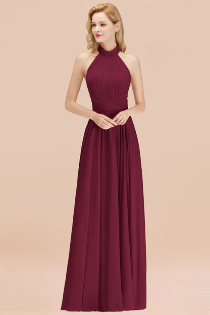 High Neck Pleated Chiffon Dusty Pink Bridesmaid Dress