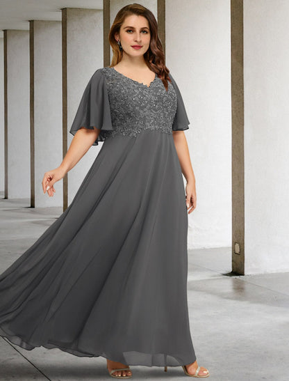 Aimishang A-Line Mother of the Bride Dresses Plus Size Hide Belly Curve Elegant Dress Formal Floor Length Short Sleeve V Neck Chiffon with Pleats Appliques