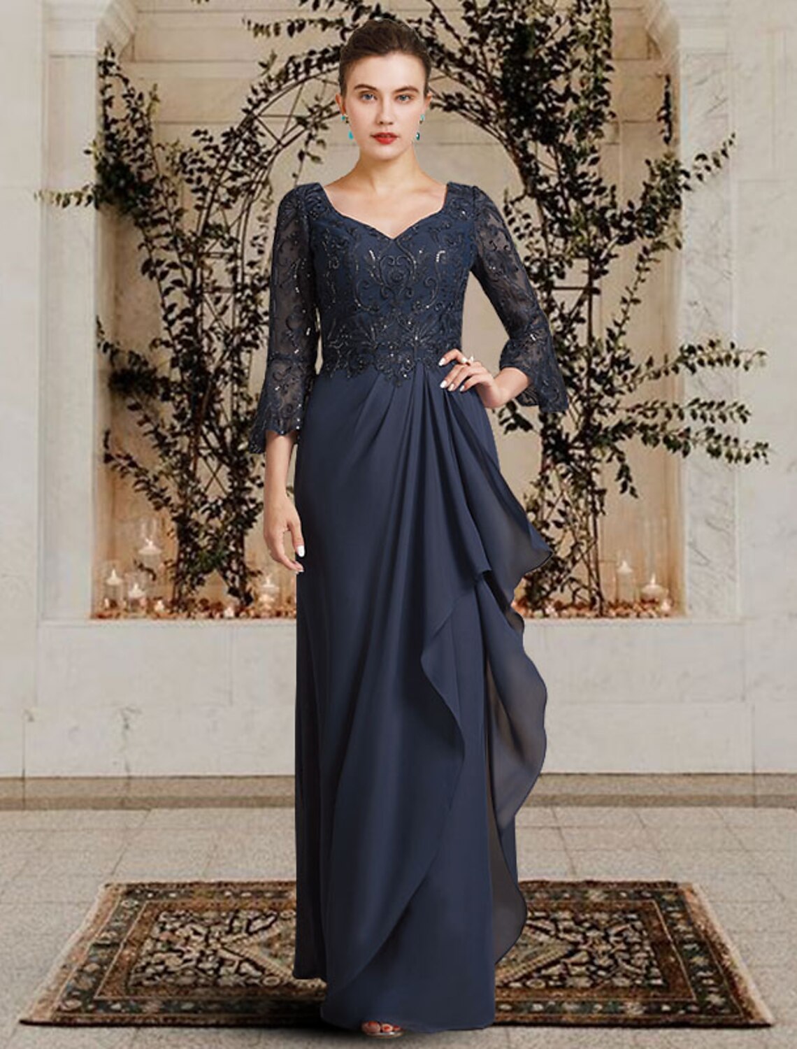 Aimishang Sheath / Column Mother of the Bride Dress Elegant V Neck Floor Length Chiffon Lace 3/4 Length Sleeve with Pleats Appliques