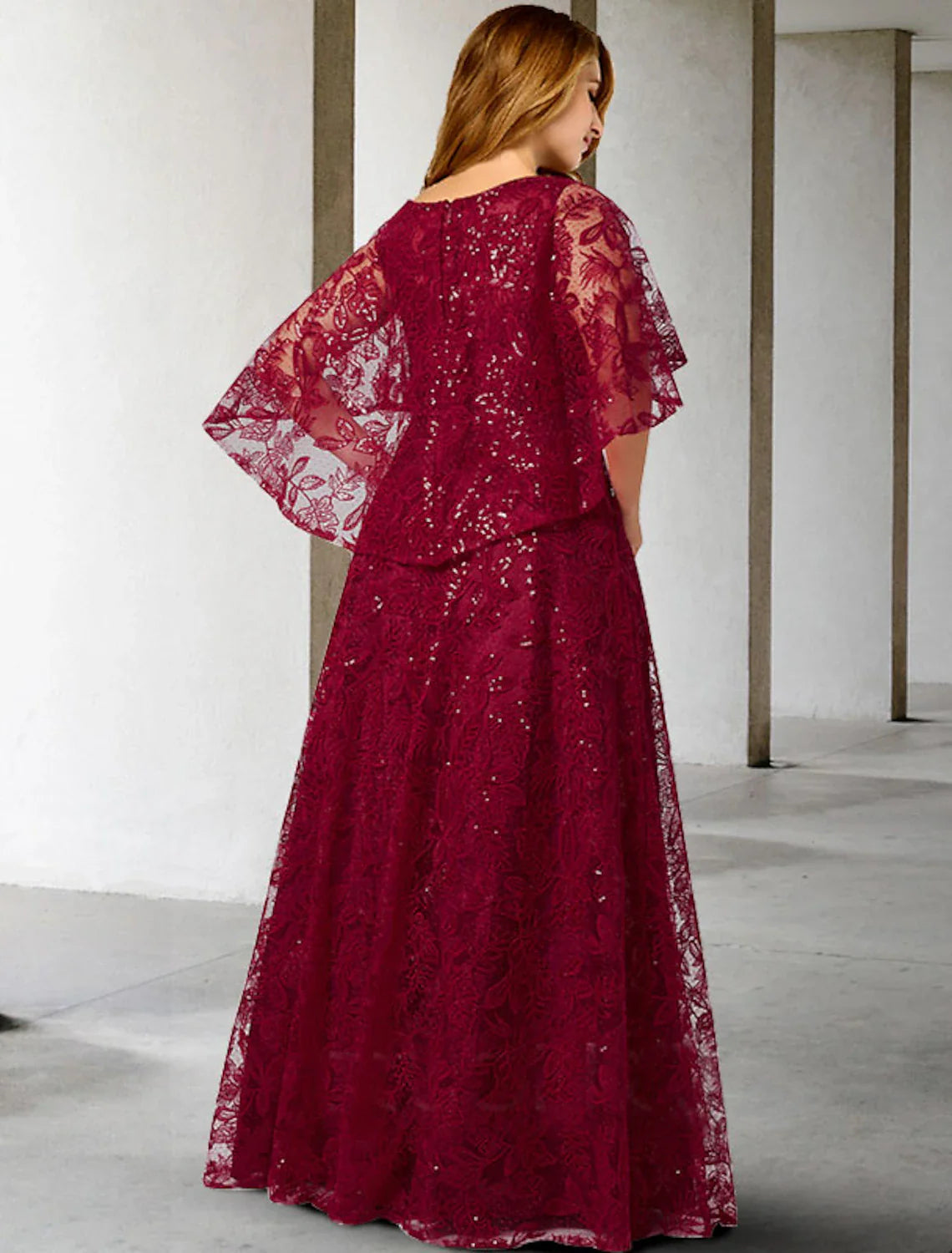 Aimishang A-Line Mother of the Bride Dress Plus Size Hide Belly Elegant Jewel Neck Floor Length Lace Half Sleeve No with Sequin Appliques