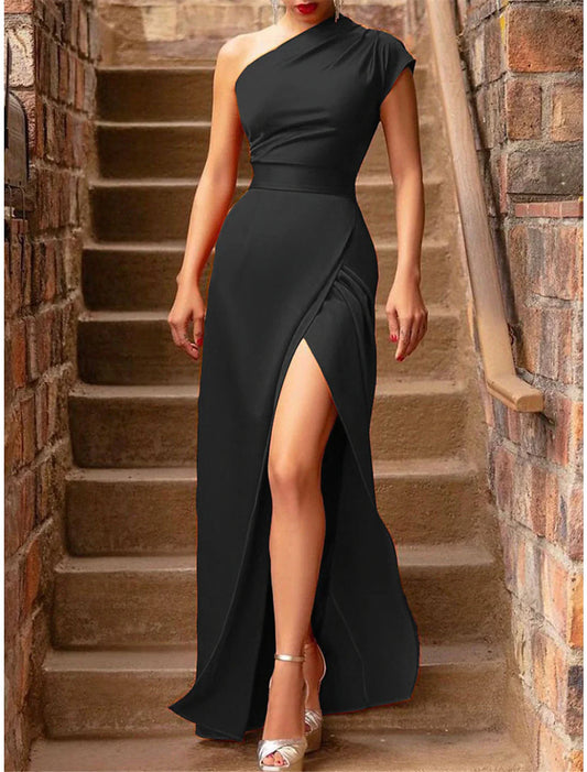 Women's Black Dress Prom Dress Party Dress Homecoming Dress Wedding Guest Dress Sheath Dress Long Dress Maxi Dress Red Blue Sleeveless Split Winter Fall One Shoulder