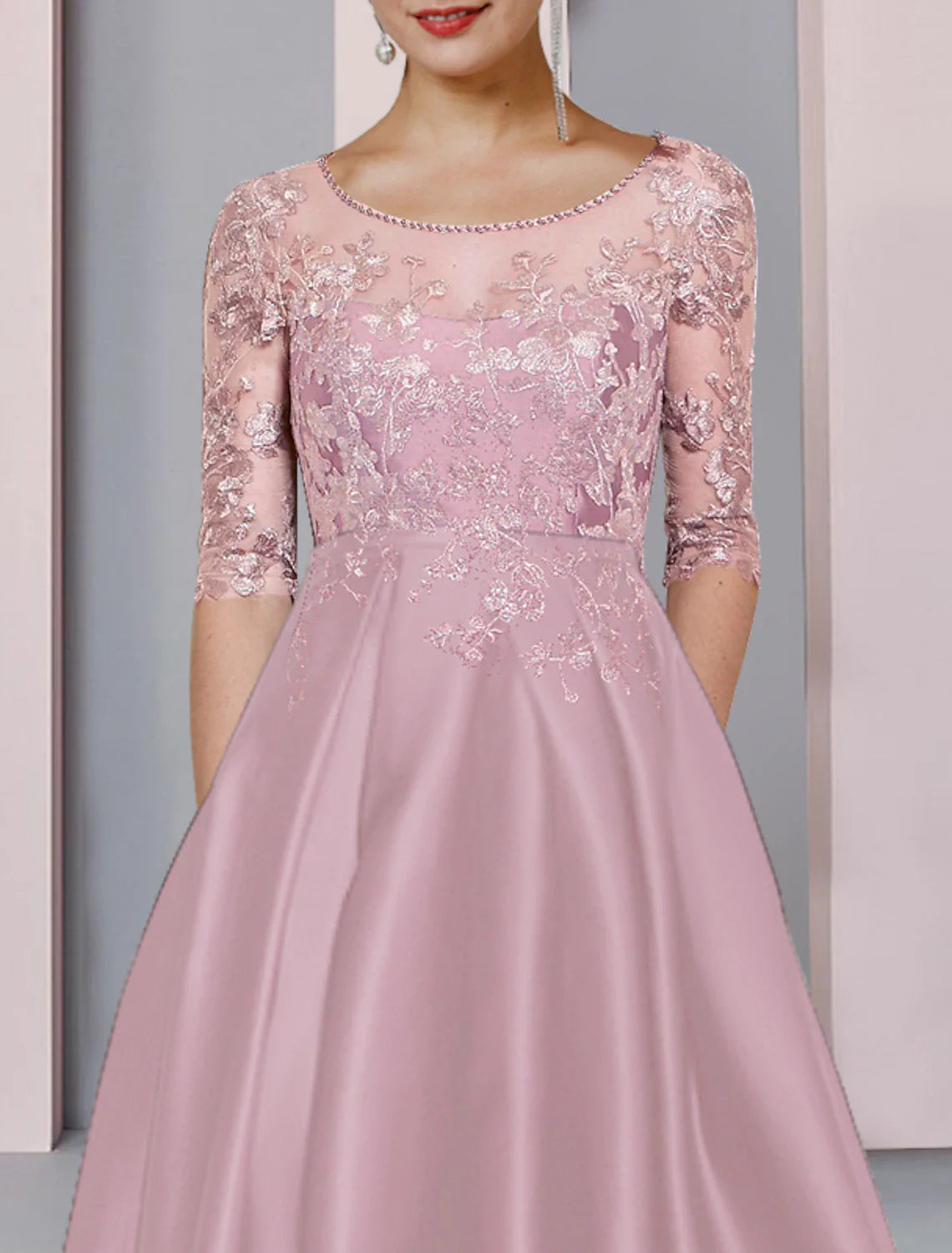 Aimishang  A-Line Mother of the Bride Dress Formal Wedding Guest Party Elegant High Low Scoop Neck Asymmetrical Tea Length Satin Lace Half Sleeve with Pleats Beading Appliques