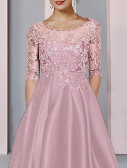 Aimishang  A-Line Mother of the Bride Dress Formal Wedding Guest Party Elegant High Low Scoop Neck Asymmetrical Tea Length Satin Lace Half Sleeve with Pleats Beading Appliques