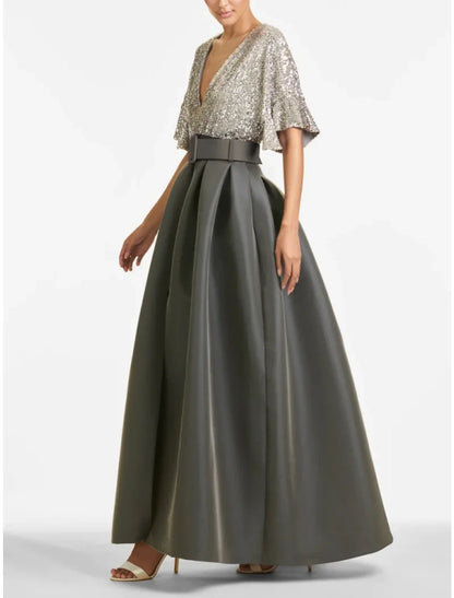 A-Line Evening Gown Sparkle & Shine Dress Formal Wedding Guest Ankle Length Half Sleeve V Neck Satin with Glitter Pleats 2025