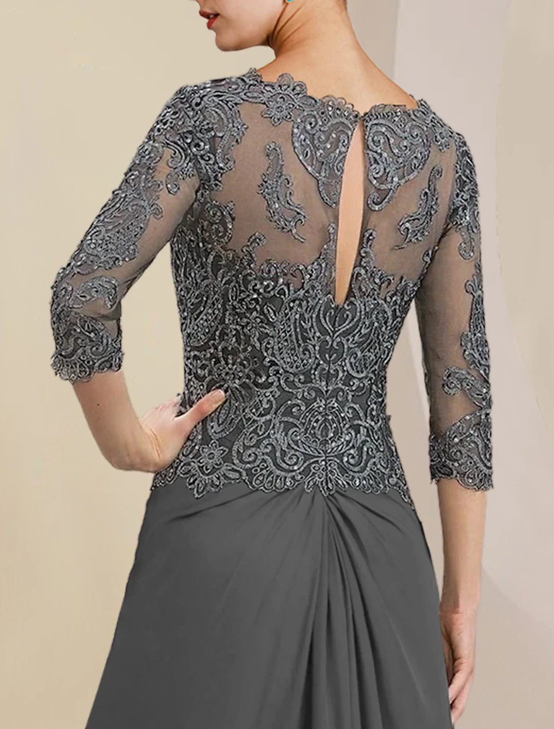 Aimishang  Sheath / Column Mother of the Bride Dress Formal Wedding Guest Elegant V Neck Floor Length Chiffon Lace 3/4 Length Sleeve with Appliques