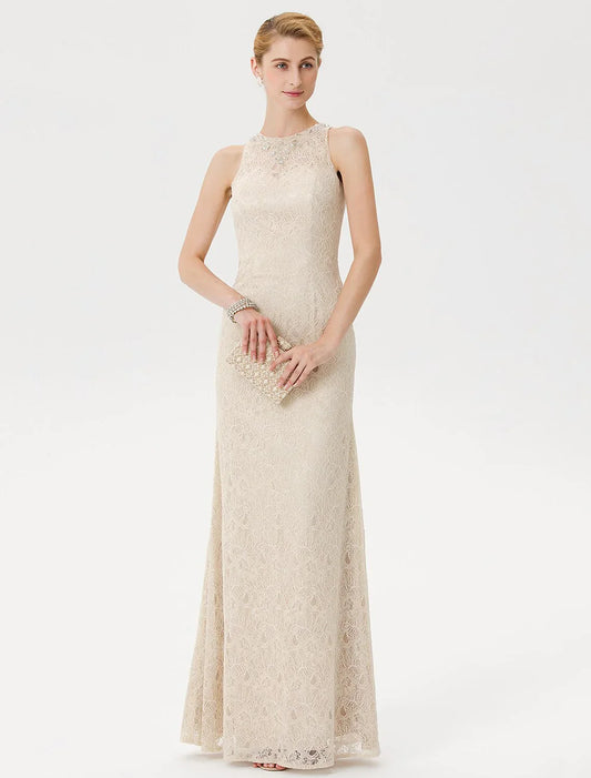 Sheath / Column Mother of the Bride Dress Elegant See Through Illusion Neck Floor Length Lace Sleeveless with Crystals Beading