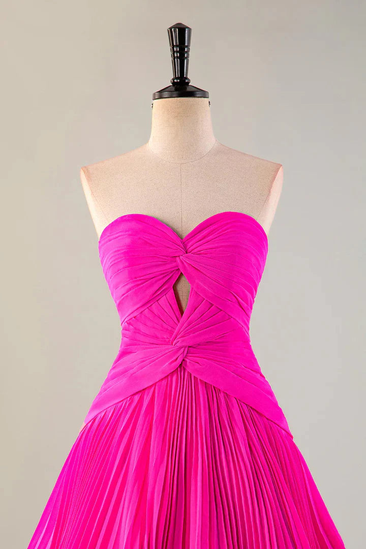 A pleated strapless back to school dress with keyhole