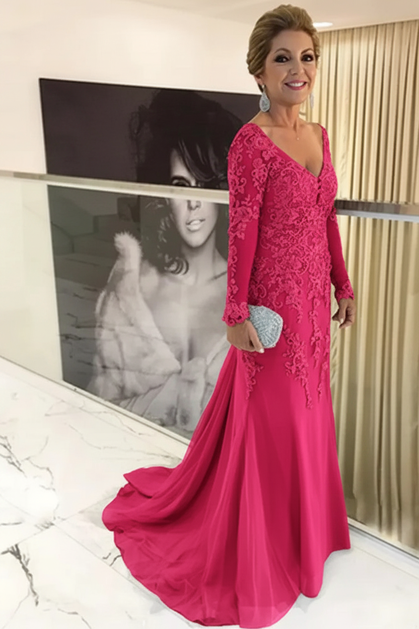 Elegant Long Sleeves Lace mother of the bride dress V-Neck