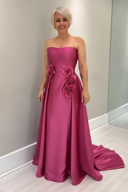 Dusty Blue Satin Mother of the Bride Dress Strapless with Flowers