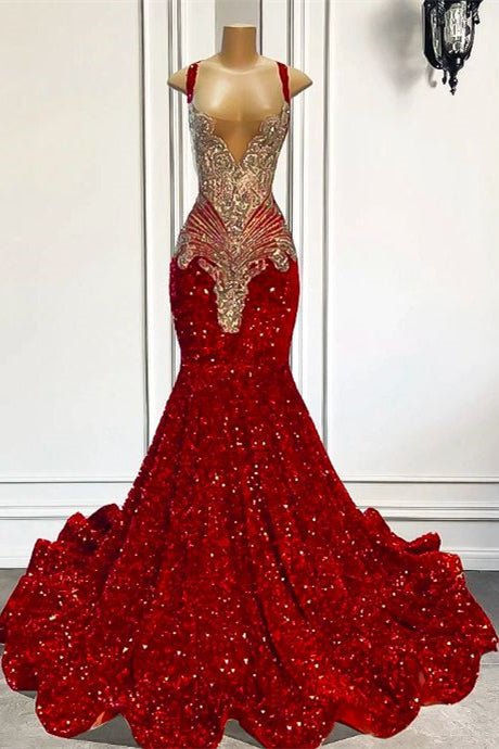 Hot Red Sequins Mermaid Crystal Straps Chic Prom Dress