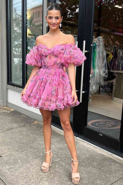 Off the Shoulder Hot Pink Corset Floral Ruffle Homecoming Dress