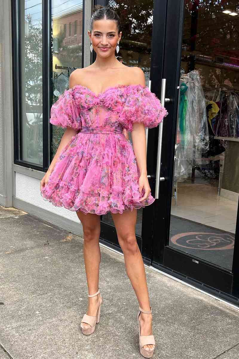 Off the Shoulder Hot Pink Corset Floral Ruffle Homecoming Dress
