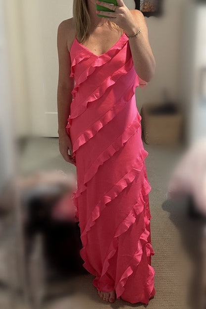 Straps Champagne Ruffle Maxi Bridesmaid Dress
