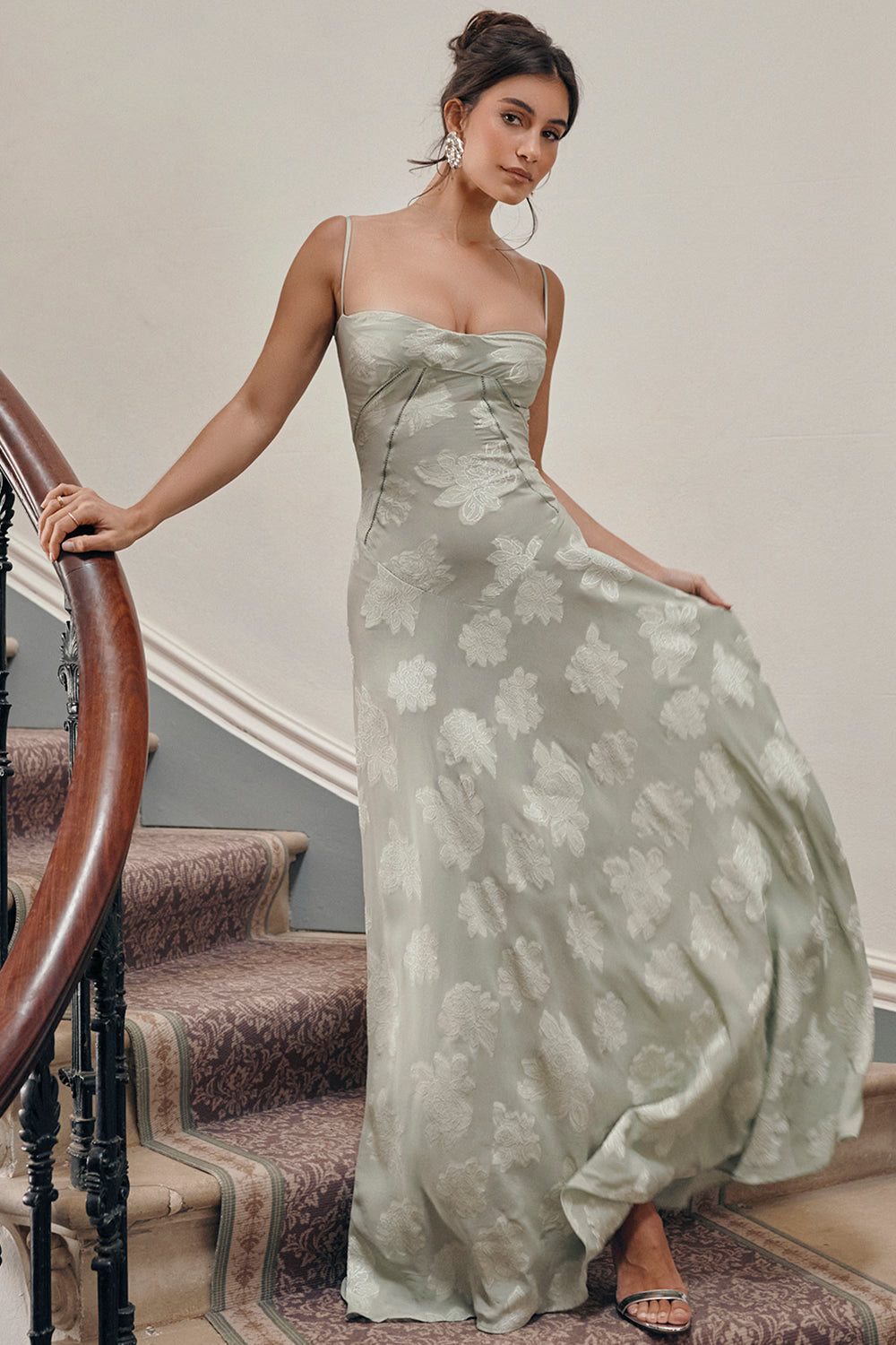 Vintage Floral Jacquard Spaghetti Strap Design Prom Dress Evening Dress HZ1024