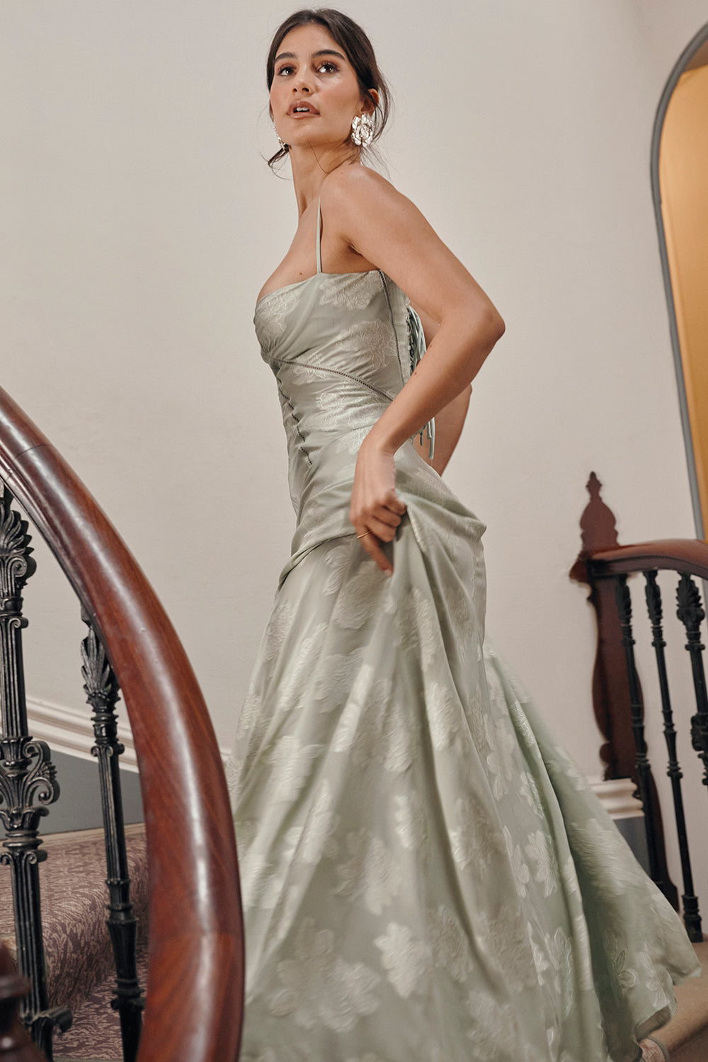 Vintage Floral Jacquard Spaghetti Strap Design Prom Dress Evening Dress HZ1024