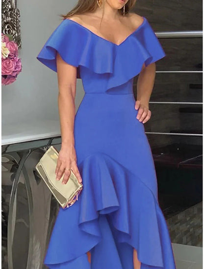 A-Line Wedding Guest Dresses Minimalist Dress Wedding Party Semi Formal Asymmetrical Sleeveless V Neck Satin with Ruffles Slit
