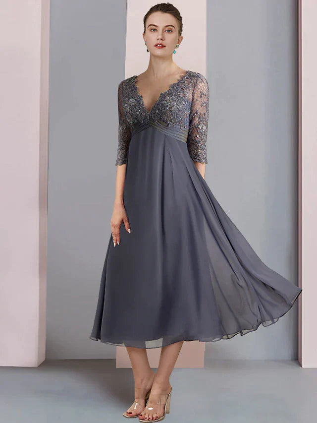 A-Line Mother of the Bride Dress Formal Wedding Guest Vintage Elegant V Neck Tea Length Chiffon Lace Half Sleeve with Beading Sequin Appliques