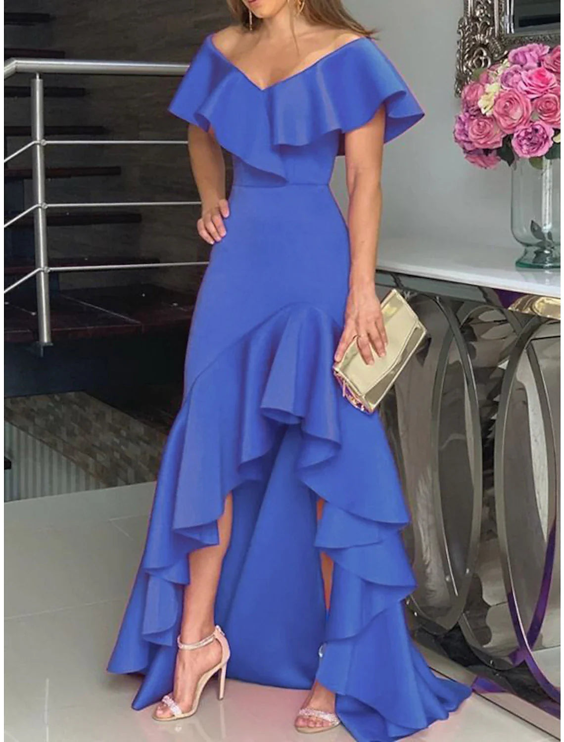 A-Line Evening Gown Minimalist Dress Wedding Guest Homecoming Asymmetrical Sleeveless Off Shoulder  Satin with Ruffles Slit