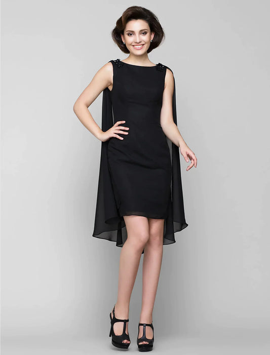 Sheath / Column Mother of the Bride Dress Wrap Included Bateau Neck Knee Length Chiffon Sleeveless yes with Crystals