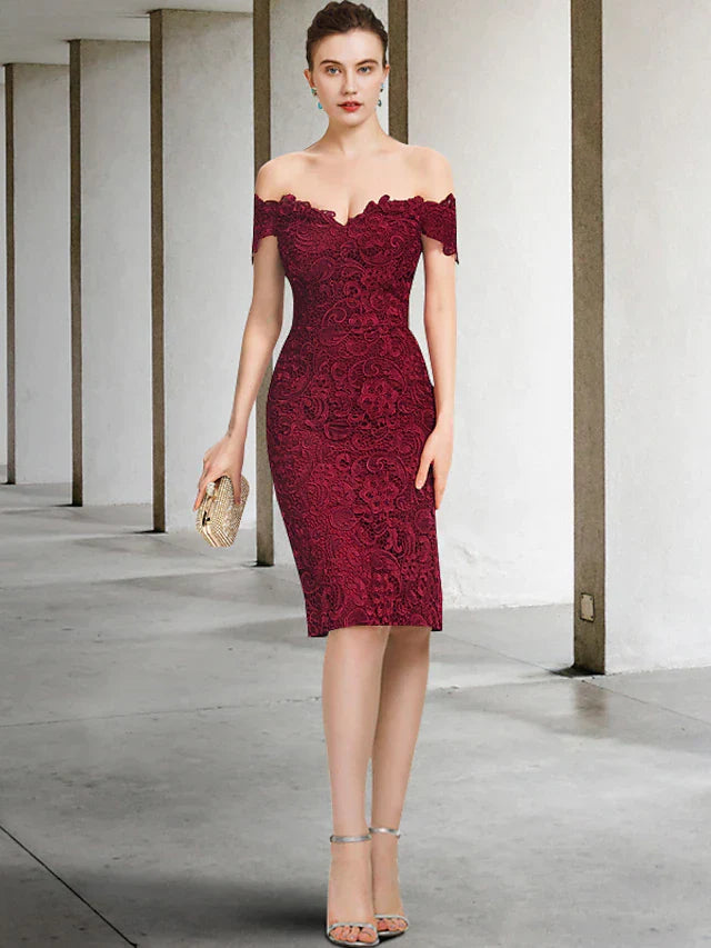 Two Piece Sheath / Column Mother of the Bride Dress Formal Wedding Guest Party Elegant Off Shoulder Knee Length Chiffon Lace Short Sleeve with Appliques