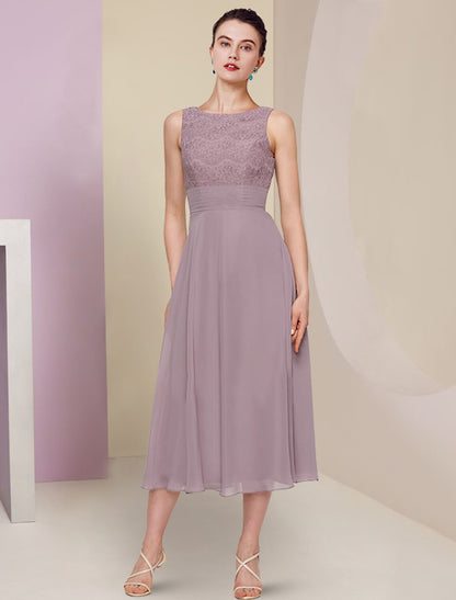 Aimishang  Two Piece Mother of the Bride Dress Wedding Guest Church Elegant Jewel Neck Tea Length Chiffon Lace Half Sleeve with Solid Color
