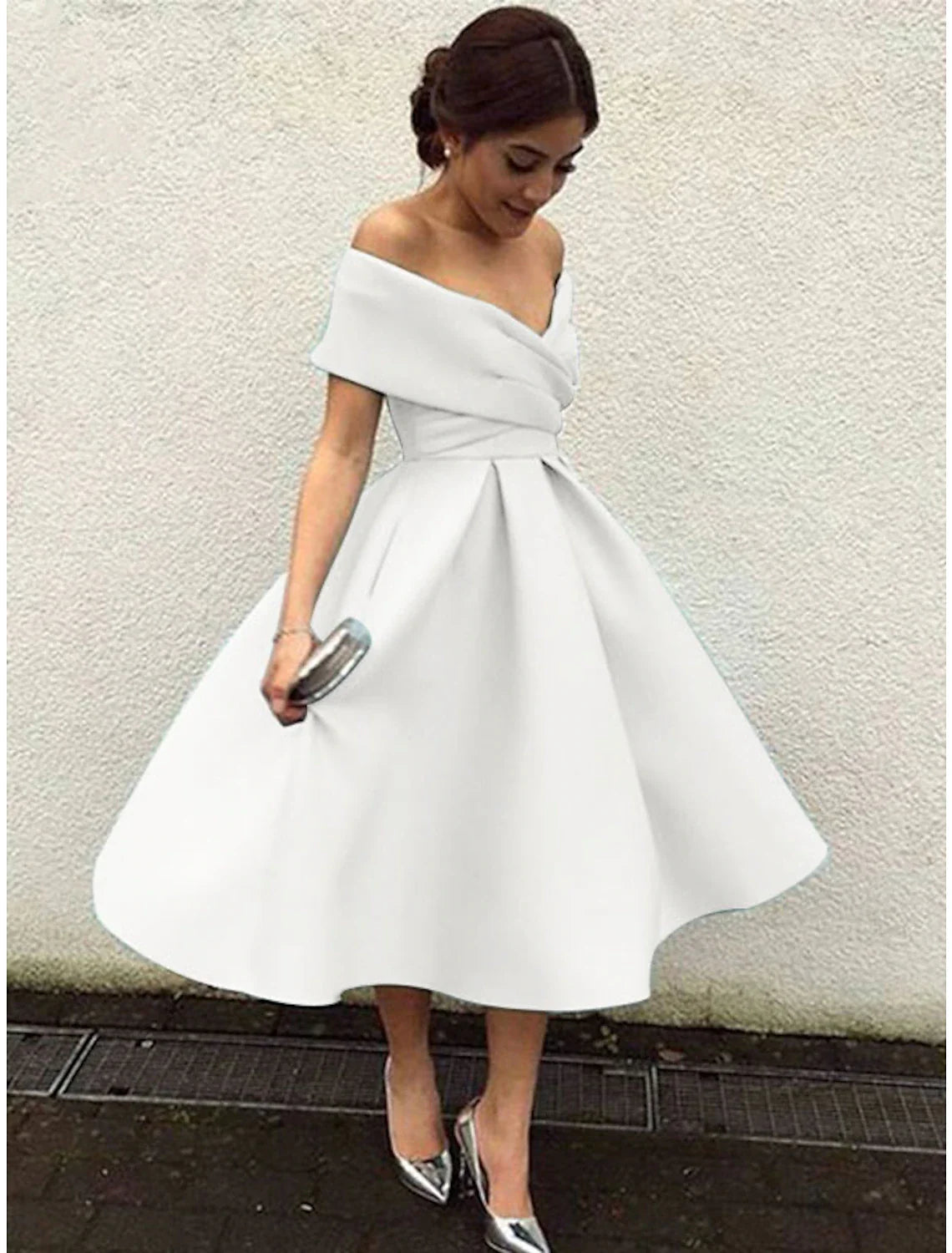 A-Line Cocktail Dresses 1950s Dress Wedding Guest Christmas Red Green Dress Tea Length Short Sleeve V Neck  Fabric V Back with Pleats